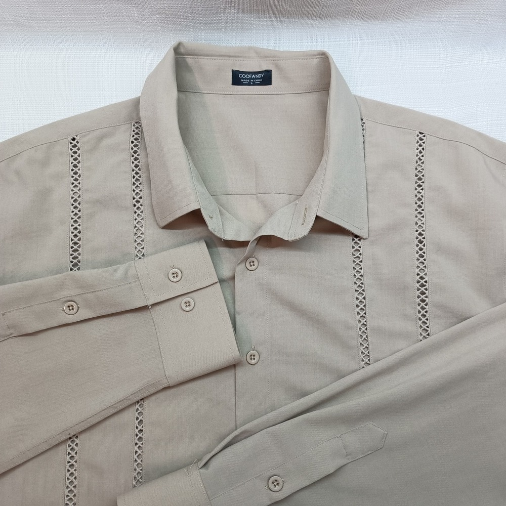 Coofandy Shirt Men's‎ L Beige Knit Long Sleeve Collared Button Up Casual Preppy